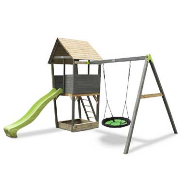 EXIT Aksent speelhuis met netschommelaanbouw + glijbaan + zandbak
